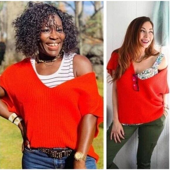 Cabi Ruby Oversized Knit Deep V Short Sleeve Pullover Womens Small #5837‎ Red - Picture 4 of 16